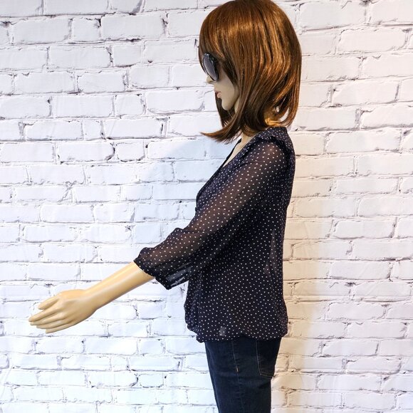 PINS & NEEDLES, Beautiful Boho navy blue polka dot print sheer blouse - Picture 5 of 6